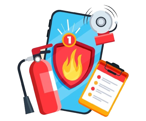 Digital illustration of fire safety app on smartphone with fire extinguisher alarm bell and safety checklist