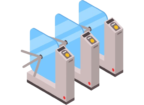 An isometric illustration of three high-security pedestrian turnstiles with blue glass partitions and integrated card readers.