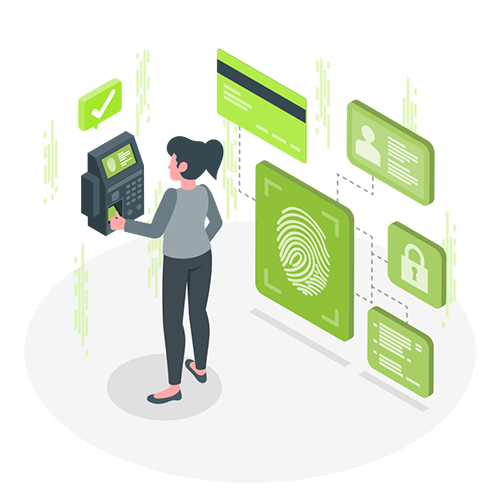 Flat vector illustration of a person using a fingerprint scanner and digital interface for biometric access control systems.