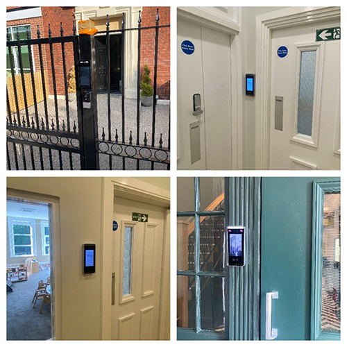 A collage of four images showing digital keypad and card reader access control systems installed on various entry points, including an outdoor gate and indoor office doors.