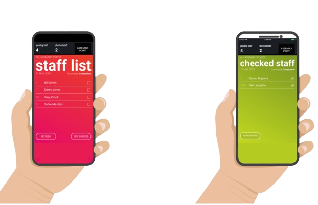 Fire roll call management system app showing live evacuation list on mobile device