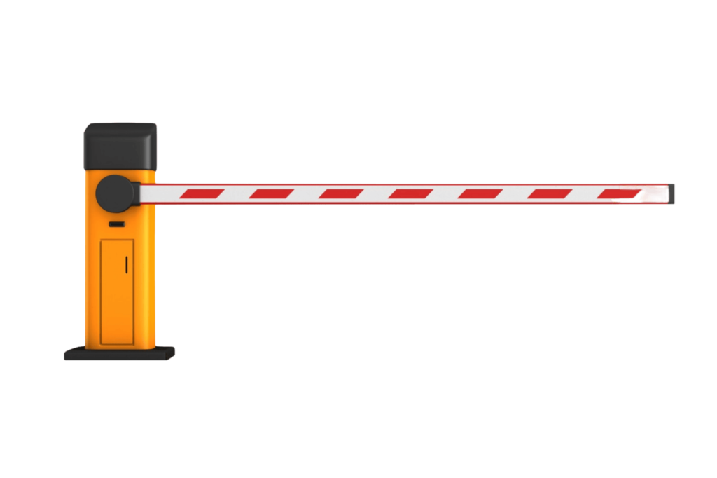 An industrial orange and black automatic boom barrier gate with red and white reflective stripes for vehicle access control systems.