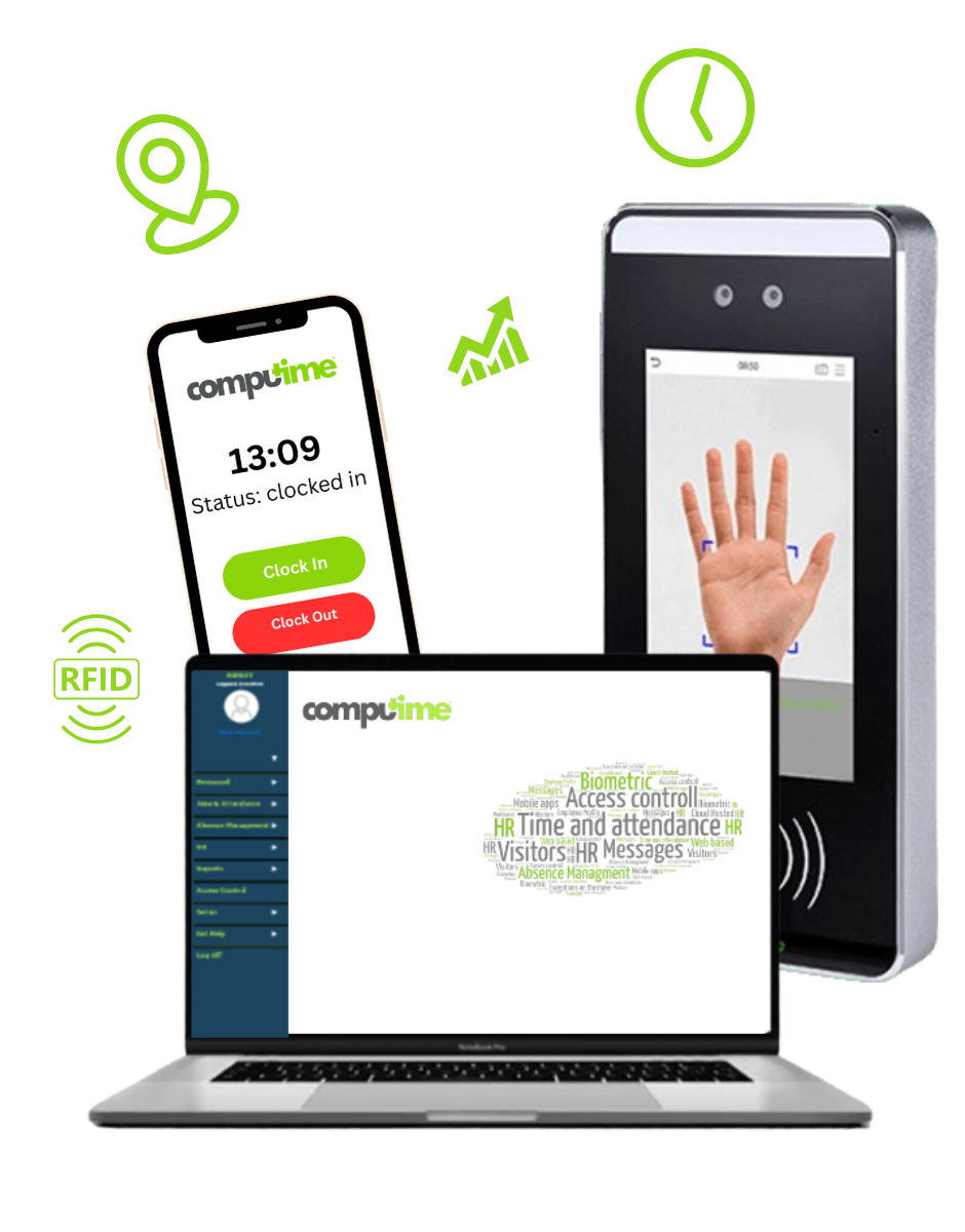 Computime time and attendance system dashboard and biometric clocking device