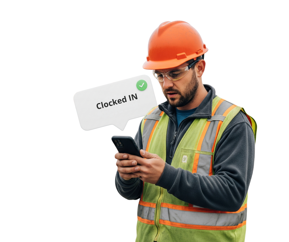 Logistics worker in hi-vis and hard hat clocking in on the Computime mobile app, showing a Clocked In confirmation