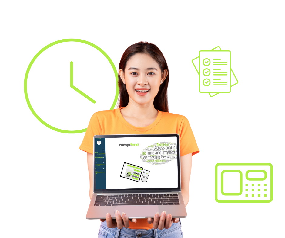 A smiling woman holding a laptop