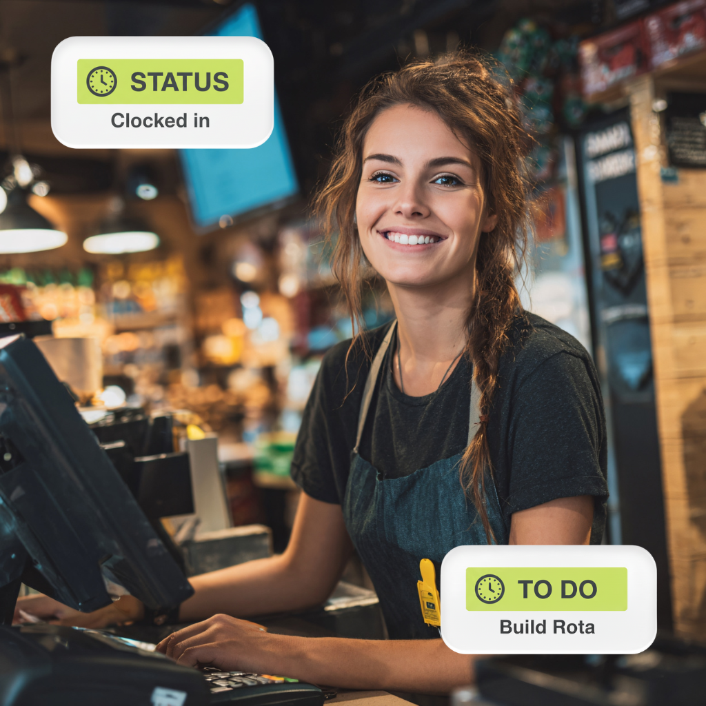Retail employee clocked in at the till using Computime, with a staff rota on screen