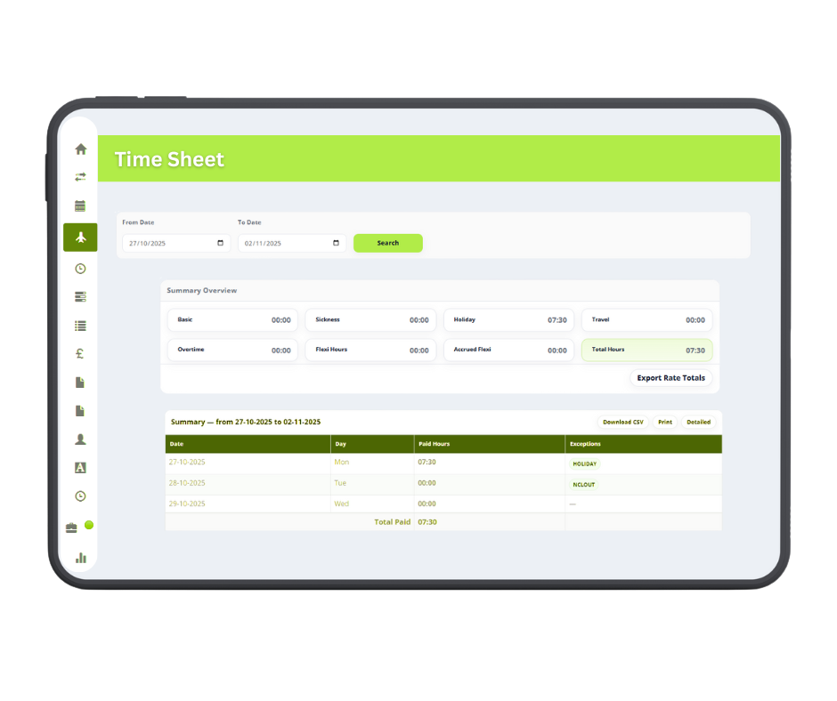 Employee Web Portal real-time timesheet showing hours, overtime, and holiday totals