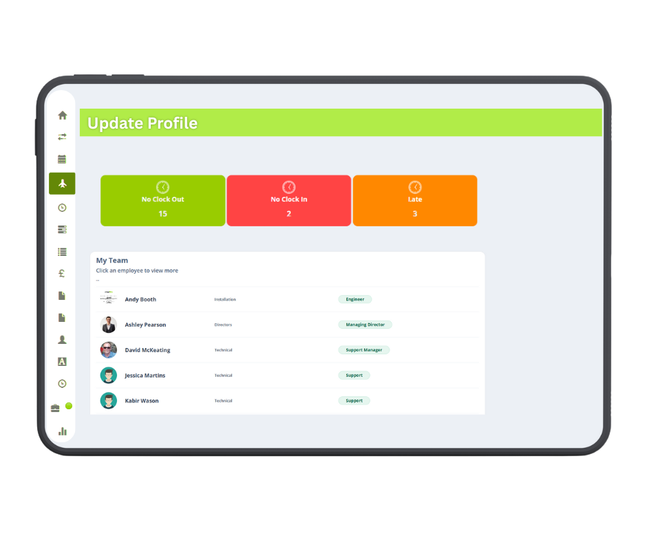 Management Web Portal dashboard showing team attendance and approvals