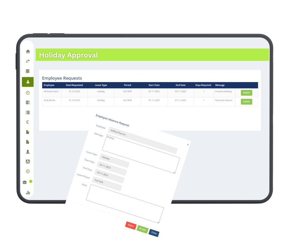 Holiday approval dashboard in the Management Web Portal