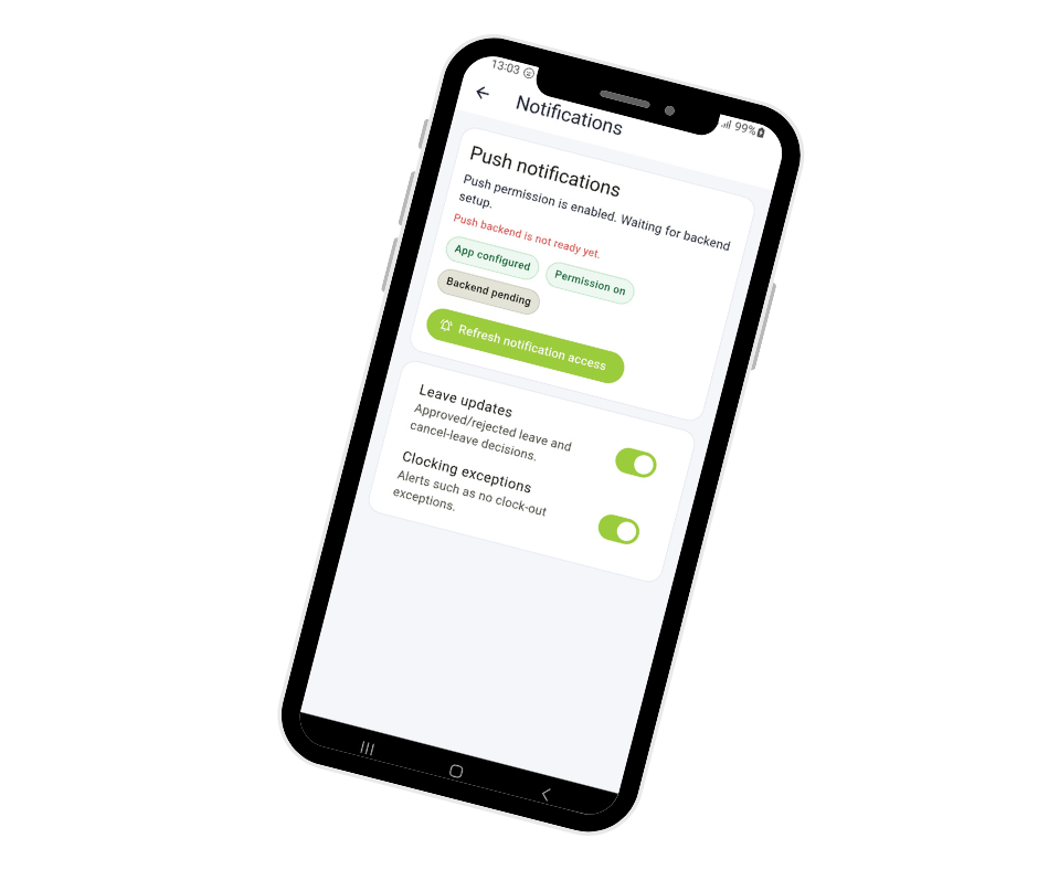 Syncro clocking in app notifications