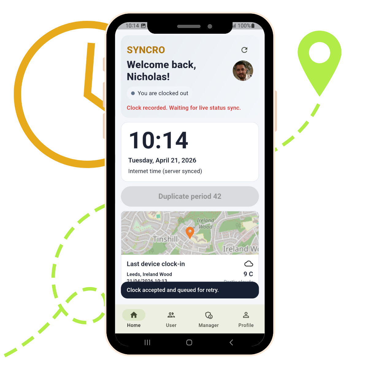 Syncro clocking in app showing GPS clock-in on a smartphone